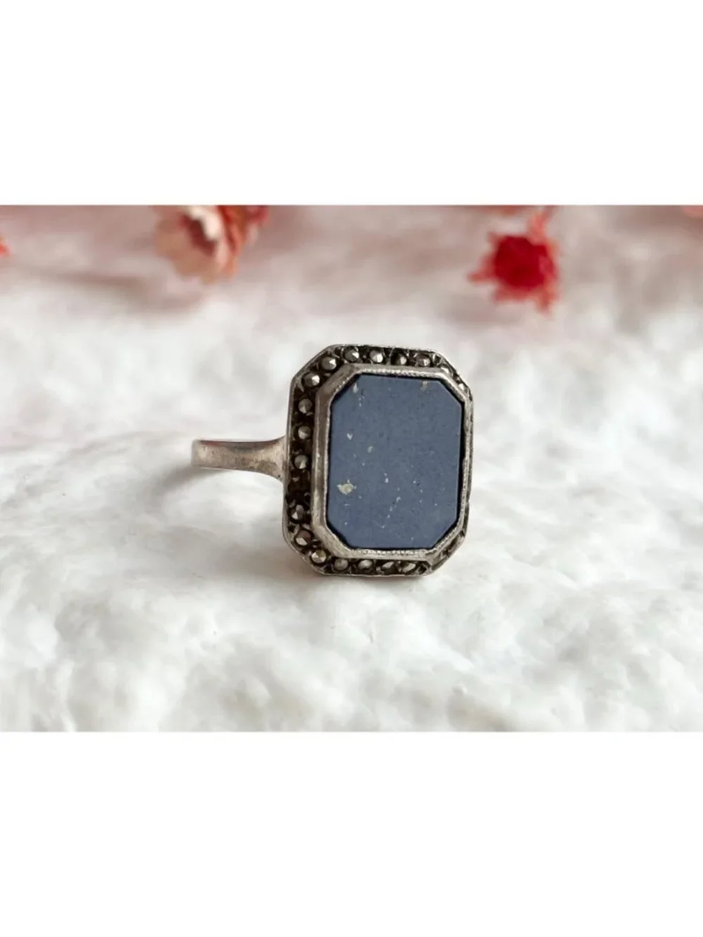 Lapis Lazuli Blue Octagon Marcasite Sterling Silver 925 Vintage Ring - sz 6.5